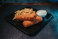 Closeup of delicious looking french fries and mozzarella sticks with a white sauce on a black plate Royalty Free Stock Photo