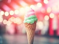 Closeup delicious pink and green duotone scoops ice cream cone with blurred carnival lights in the background