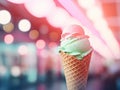 Closeup delicious pink and green duotone scoops ice cream cone with blurred carnival lights in the background