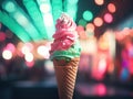 Closeup delicious pink and green duotone scoops ice cream cone with blurred carnival lights in the background