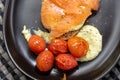 Closeup of delicious served food on a table in a restaurant Royalty Free Stock Photo