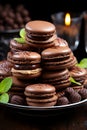 Closeup of Stack of Chocolate Brown Macaroons, Sweet and Tempting Pastel Treats