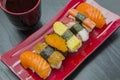 Delicious sushi with soy sauce on the table Royalty Free Stock Photo