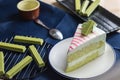 Closeup delicious sweet dessert fresh green tea cake with fresh