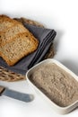 Closeup of the delicious vegan mushroom and walnut pate in the plate with slices of bread