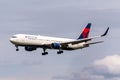 Closeup of Delta Airlines Boeing 767-332(ER) departing at Edinburgh Airport, Scotland