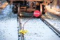 Closeup of a derail sign on a track rail Royalty Free Stock Photo