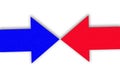 Closeup, Design right arrow blue red icon. forward and reward functions in media applications. Advanced symbol on white space for