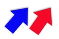 Closeup, Design two right arrow blue red icon. forward functions in media applications. Advanced symbol on white space for
