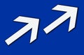 Closeup, Design two right arrow icon white color. forward functions in media applications. Advanced symbol on blue space for