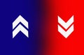 Closeup, Design two right arrow icon white color. forward reward functions in media applications. Advanced symbol on blue red