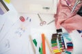 Closeup on desk of dressmaker woman