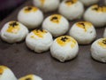 Dessert Moon cake, Chinese Puff Pastry, Bean cake with salted egg yolk, Thai cake mung bean and egg cake on top with Black Sesame