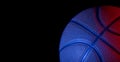 Closeup detail of basketball ball texture background. Blue neon banner art concept. Minimalism, place for text Royalty Free Stock Photo