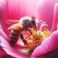 Closeup with detail of a bee collecting pollen inside a flower. AI generated Royalty Free Stock Photo