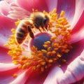 Closeup with detail of a bee collecting pollen inside a flower. AI generated Royalty Free Stock Photo