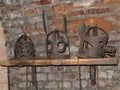 Closeup detail of medieval torture instruments called Badges of shame or Symbol of shame or Stigma Royalty Free Stock Photo