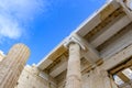 Closeup detail of part of the Athens Parthenon being reconstructed showing rebuilt pillars and new fabricated pieces being fit tog