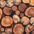 Closeup detail of a pile of natural wooden logs background