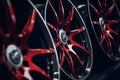 Closeup detail of Red Aluminum car wheel. Neural network AI generated