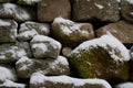 Closeup detail of Snow-covered drystone wall Royalty Free Stock Photo