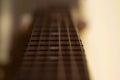 Closeup detail of steel guitar strings and frets for making music. Guitar neck in selective focus Royalty Free Stock Photo