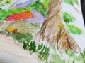 Closeup Detail of Tree and Grass in Watercolor and Colored Pencil Painting of Forest Royalty Free Stock Photo