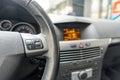 Closeup detail view of a steering wheel of a car Royalty Free Stock Photo