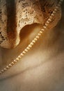 Closeup detail of vintage satin and lace wedding dress with a strand of tiny pearls. Royalty Free Stock Photo