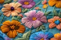 closeup detailed embroidery beautiful multicolored flowers on fabric