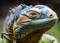 A closeup detailed headshot of a green iguana.