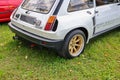 Closeup of details of the back of white vintage historic Renault 5 Turbo 2 car