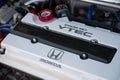 Closeup of details of the Honda V-tec engine tuned by street racers