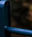 Closeup of a dewy spider web suspended on a blue metal pole. Royalty Free Stock Photo