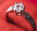 Closeup of diamond ring in red velvet box macro Royalty Free Stock Photo