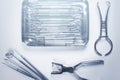 Closeup of different dental tools on dentist workplace