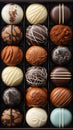 A closeup of different flavors of spherical chocolates in a box