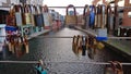 Closeup of Different Locked Padlocks On A Steel wire