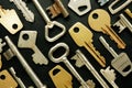 Closeup of different old keys background