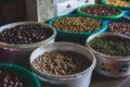 Closeup of different seeds in a food market in Stone Town, Zanzibar, Tanzania.