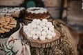 Closeup of different types of sweets. Swiss rolls, pfeffernusse, cake.