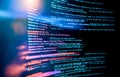 Closeup digital code on computer screen. Lines of programming language visible, technology, cybersecurity concepts Royalty Free Stock Photo
