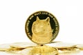 Closeup of a digital dog coin on a bunch of golden altcoins isolated on a white background Royalty Free Stock Photo