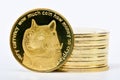Closeup of a digital dog coin leaning on a bunch of golden coins isolated on a white background Royalty Free Stock Photo