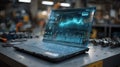 Closeup of a digital interface displaying realtime energy consumption graphs incorporated into a ruggedized laptop set Royalty Free Stock Photo