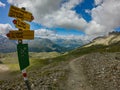 Closeup of a directional sign of hiking in Languard Valley, right under Georgiy Hutte Royalty Free Stock Photo