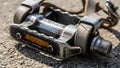 Closeup of a dirty clipless bicycle pedal with worn leather strap on asphalt Royalty Free Stock Photo