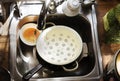 Closeup of dirty dishes in the sink