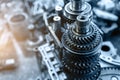 Closeup disassembled car automatic transmission gear part on workbench at garage or repair factory station for fix Royalty Free Stock Photo