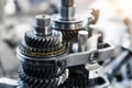 Closeup disassembled car automatic transmission gear part on workbench at garage or repair factory station for fix Royalty Free Stock Photo